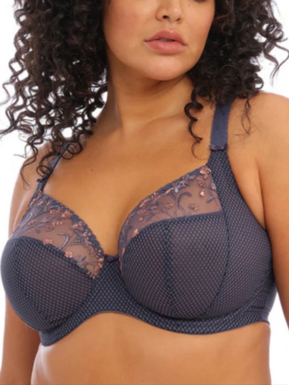Elomi Charley Underwire Plunge Bra in Storm Blue with Dusty Pink Embroidery